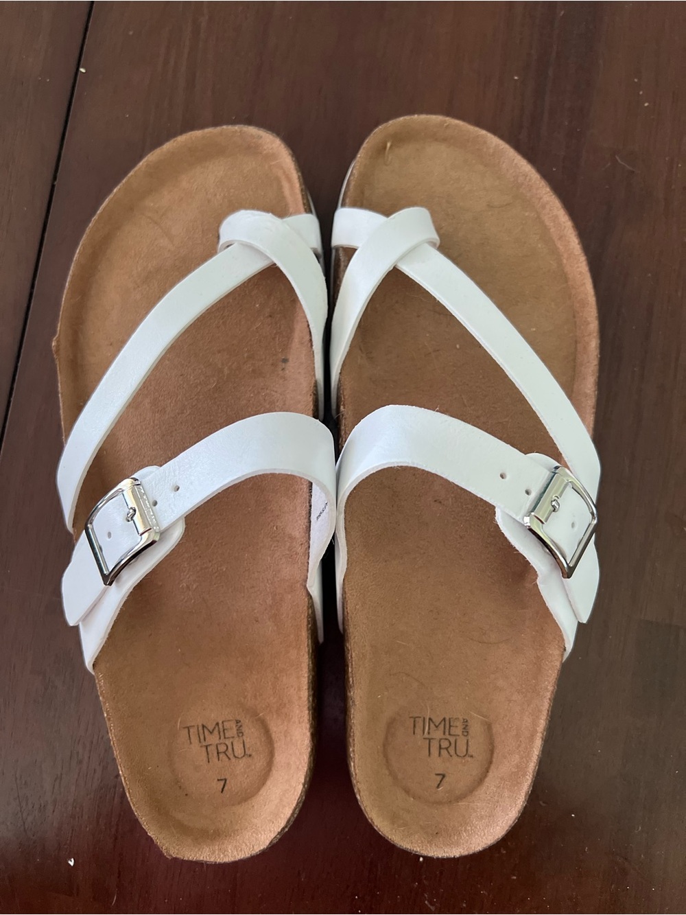 Time and Tru White Crisscross Buckle Slide Sandals
